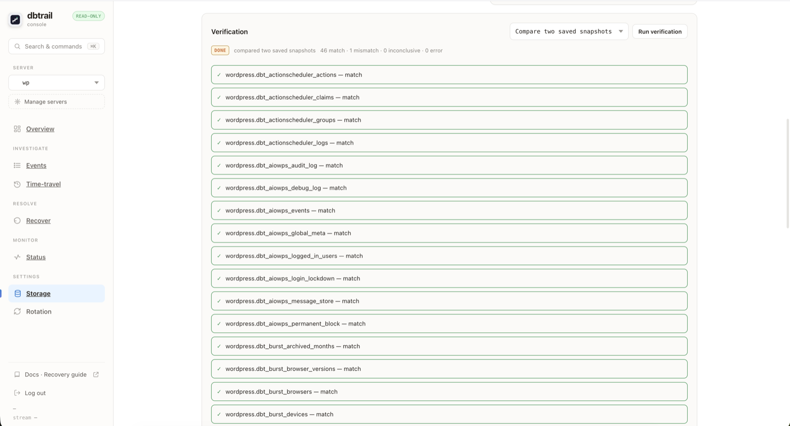 DB Trail console Verification panel comparing two saved snapshots: 46 match, 1 mismatch, 0 inconclusive, 0 error