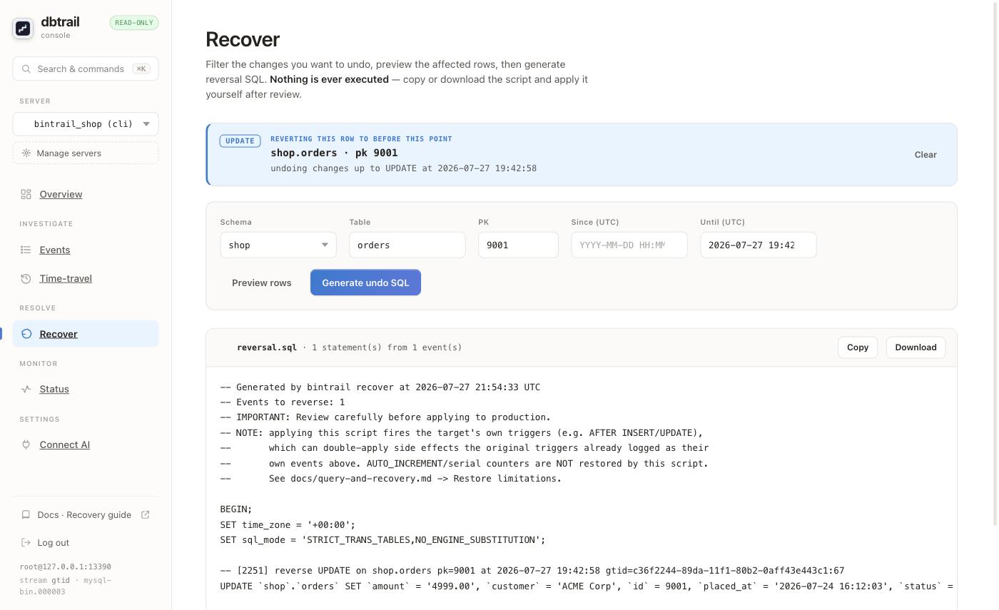Recover view with the generated reversal SQL, warning that nothing is ever executed