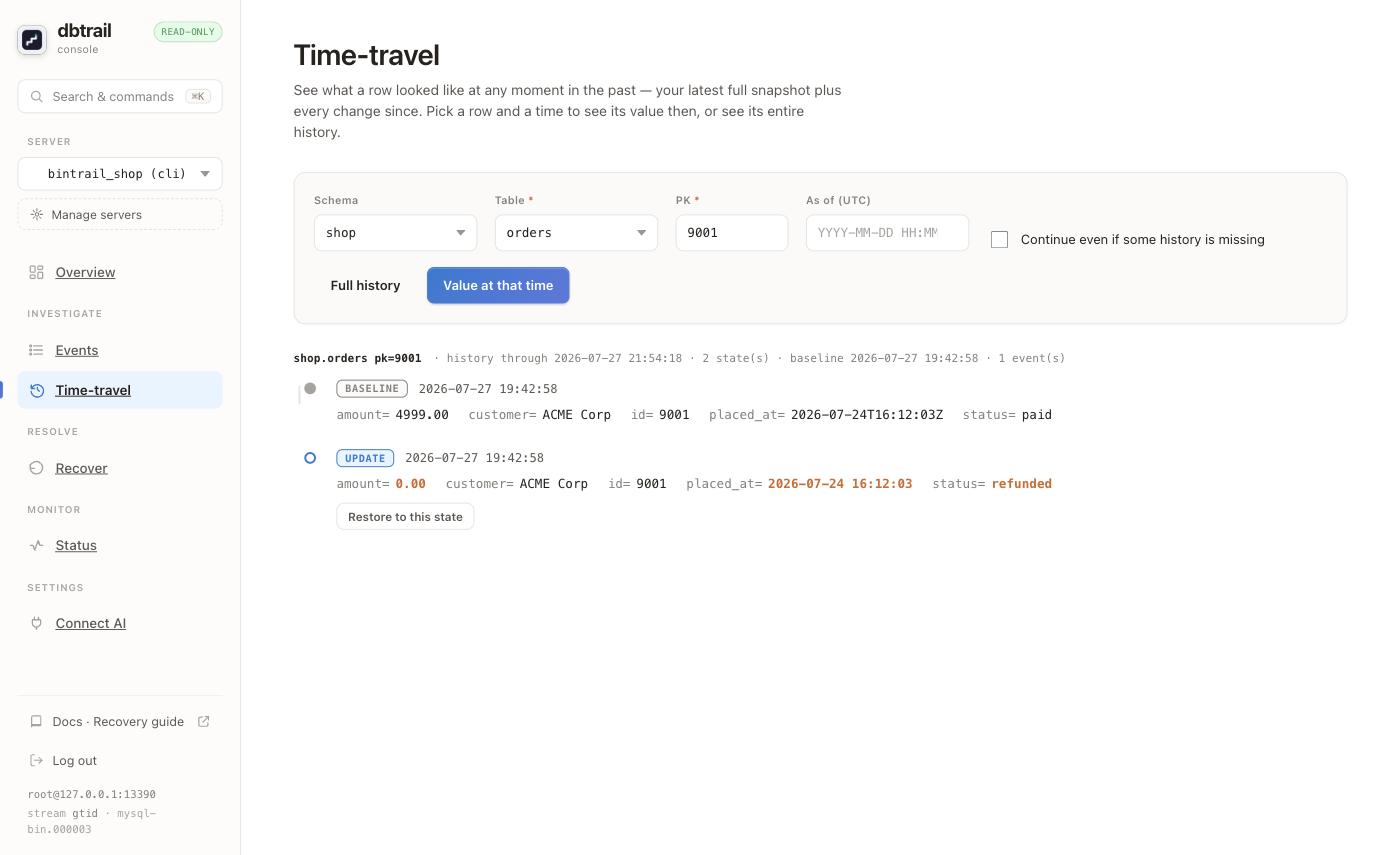 Time-travel view of order 9001, showing the baseline at 4999.00 and paid, then the update to 0.00 and refunded