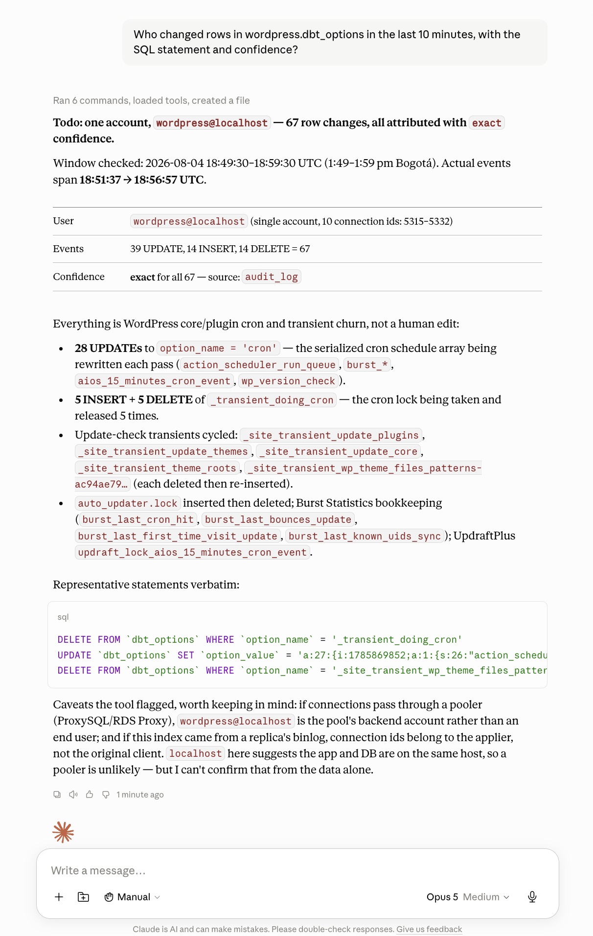 Claude Desktop answering who changed rows in wordpress.dbt_options: one account, 67 row changes, all attributed at exact confidence from the audit log, with the SQL statements verbatim