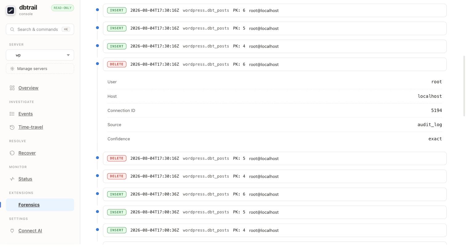 A who-changed result expanded to show User root, Host localhost, Connection ID 5194, Source audit_log, Confidence exact